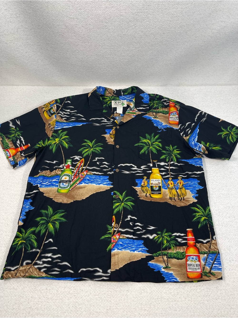 Ky's Men's XL Black Short Sleeve Button-Up Shirt Collared Beer Graphic.SKU#0513